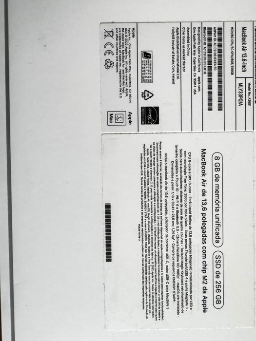 Portátil MacBook Air 13,6” M2 (2023) – Caixa + Acessórios Novos