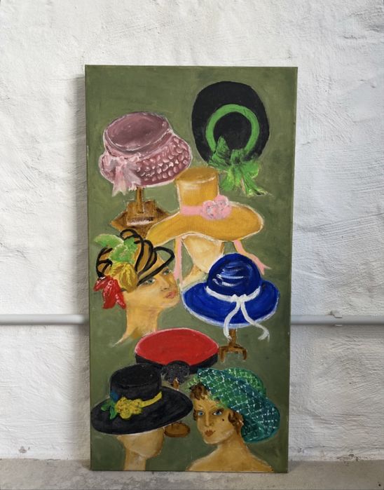 Pintura a Óleo Vintage com Composição de Chapéus e Manequins