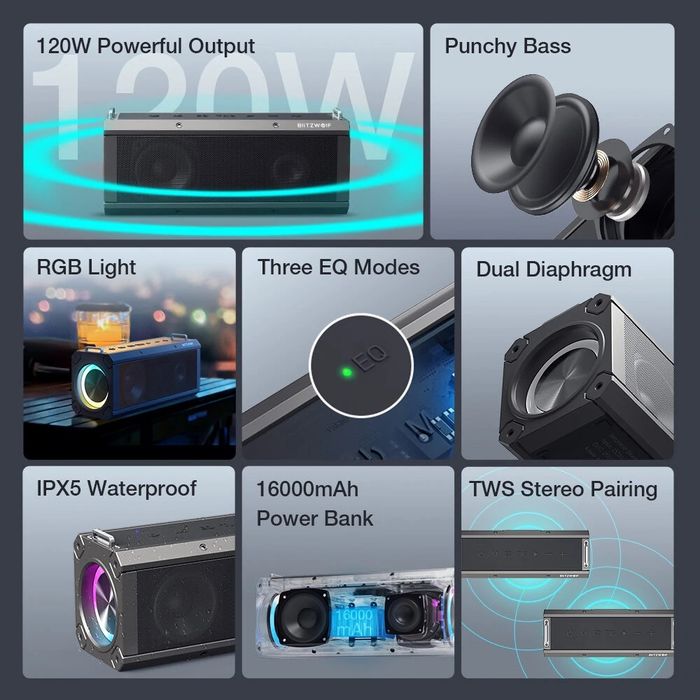 Coluna de Som portátil  120W com bluetooth Quad Drivers Deep Bass Ster