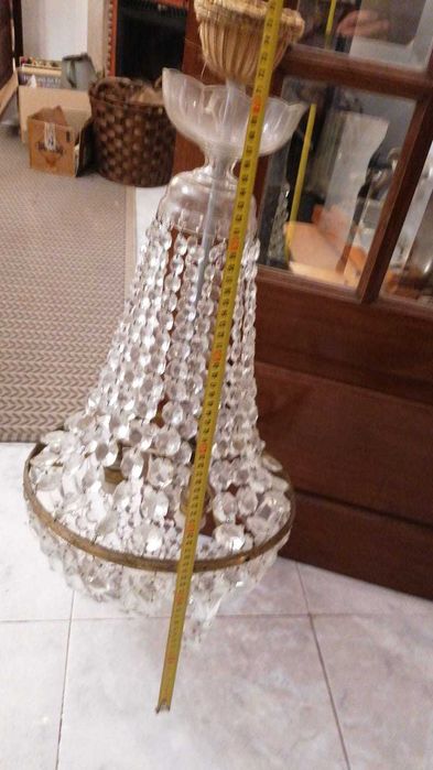 Lustre de Teto Antigo em Cristal e Metal Dourado (Estilo Cascata)