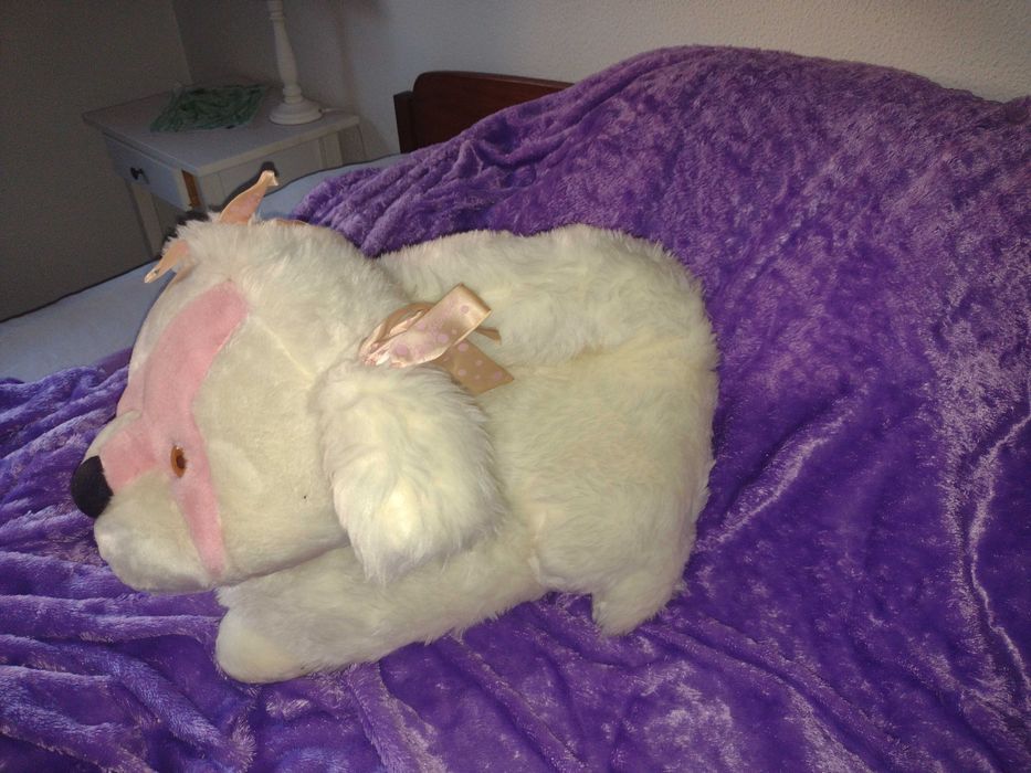 Cãozinho de peluche branco e focinho cor-de-rosa.