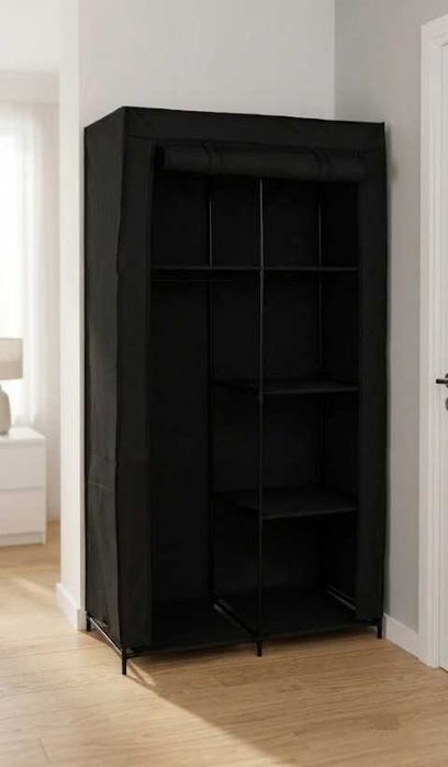 Wieszak Półki Szafa Tekstylna Materiałowa na Ubrania Buty Akcesoria Czarny 170x90cm