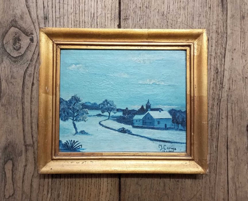Quadro a óleo Paisagem com Casas 1950 assinado