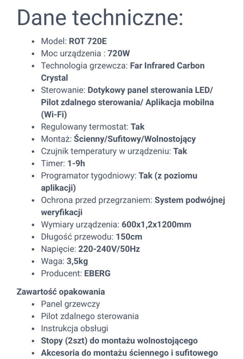 Panelowy promiennik podczerwieni EBERG ROT 720E grzejnik Wifi Pilot