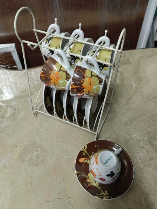 Conjunto de 6 chávenas de café com suporte, natura
