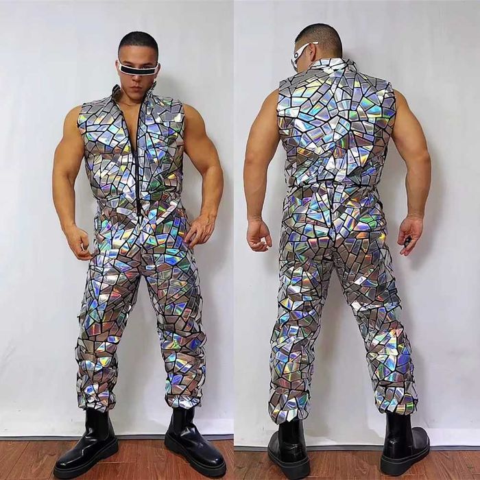 ROUPA de ESPETÁCULO Macacão prateado sem mangas masculino