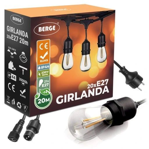 girlanda świetlna ogrodowa 20m +21x żarówka led 1w