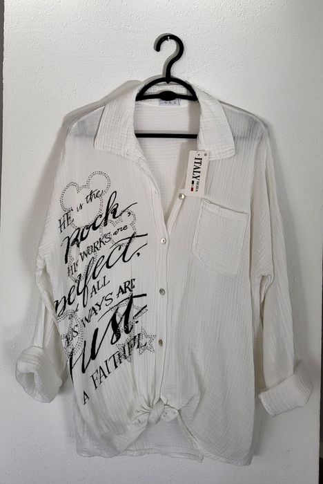 Koszula oversize napisy aplikacje cyrkonie asymetryczna