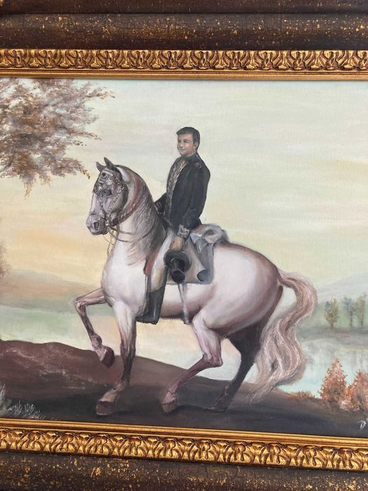 Quadro a óleo com moldura em madeira policromada