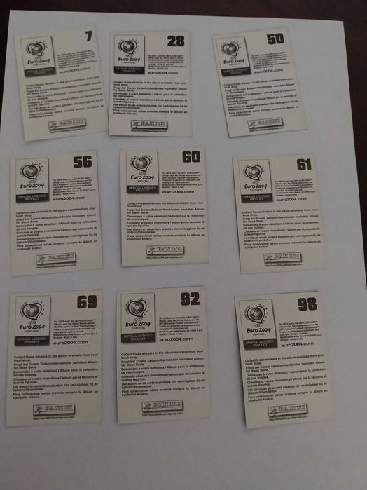 Lote 9 cromos autocolantes Euro 2004, futebol, coleção, UEFA, panini