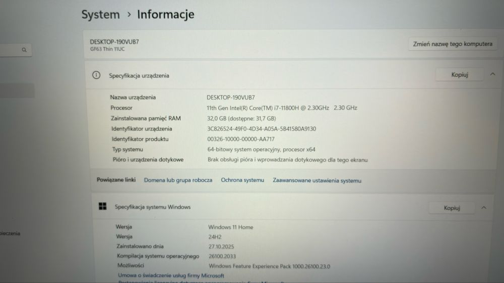 Laptop MSI GF63 Katana i7-11800H/RTX3050/32GB/1TB 100% sprawny