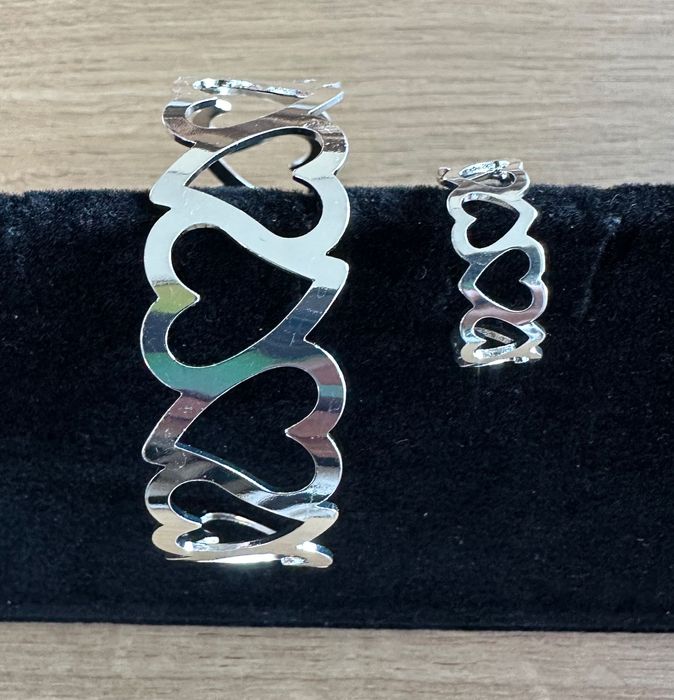Pulseira + Anel Prateado Corações