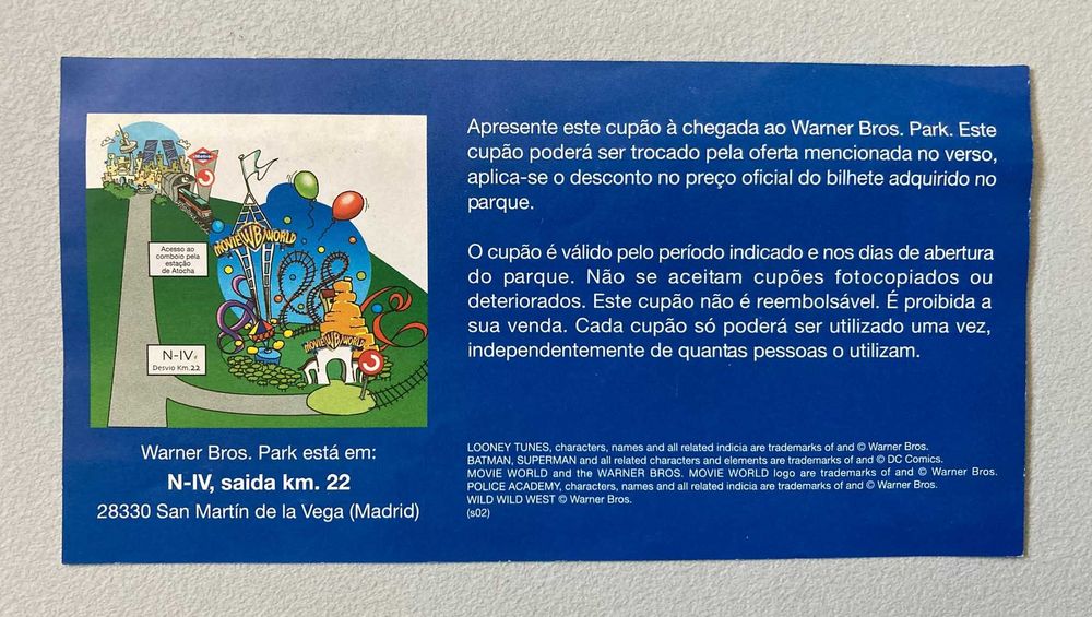 Cupão Promocional Antigo Warner Bros. Park Madrid (2002)
