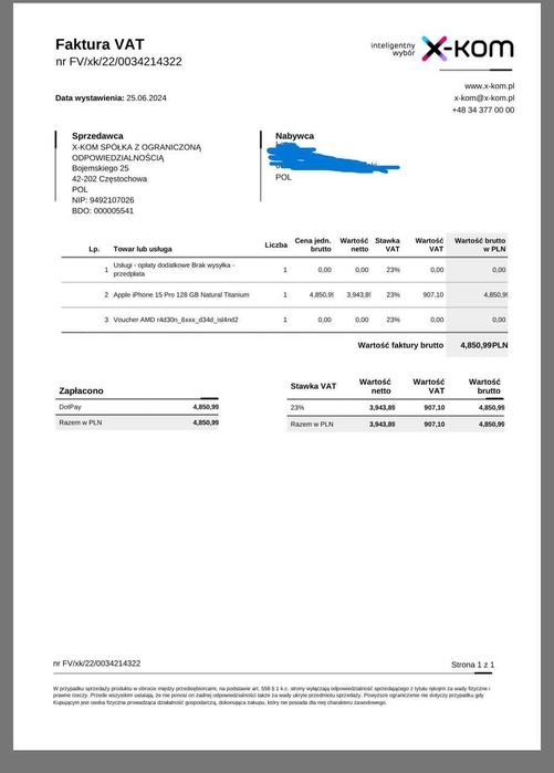 Apple iPhone 15 Pro 128 GB Natural Titanium/Jak Nowy/Faktura