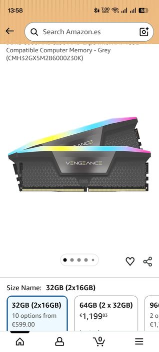 32GB (2x16GB) Corsair Vengeance 6000MHz CL30