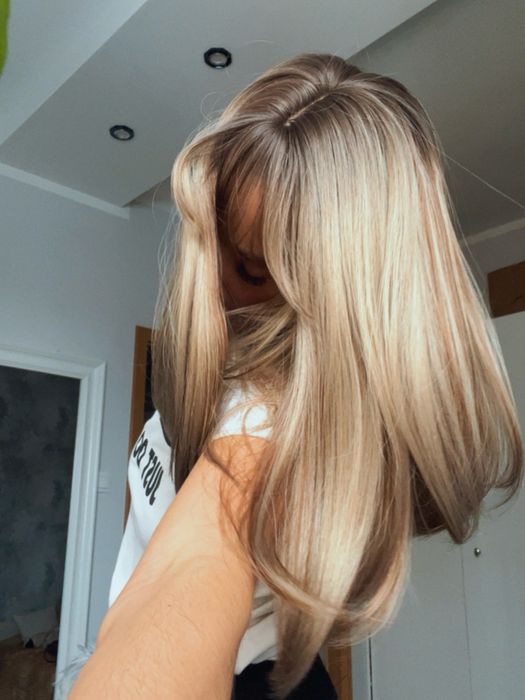 Peruka blond gęste włosy pasemka balejaż grzywka ombre brąz nowa