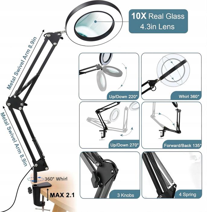 Lampa LED powiększająca 10X, 3 tryby kolorów, ściemniana