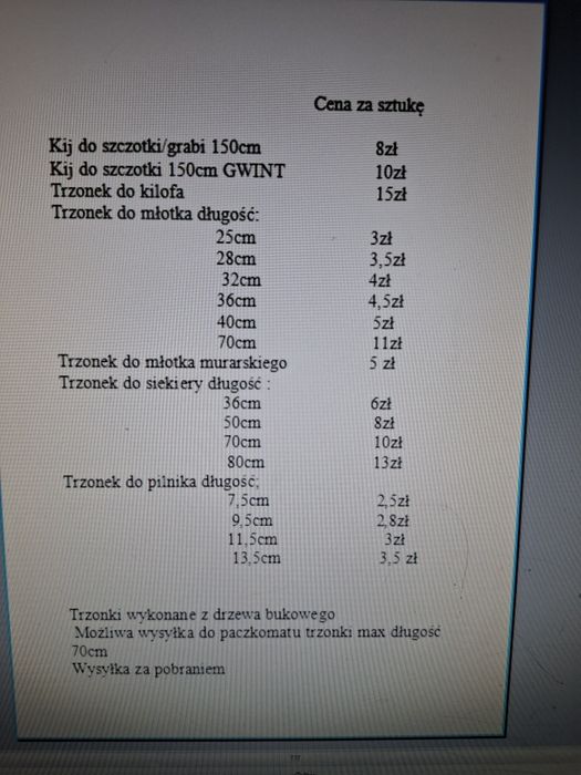 Trzonki do młotków,  siekier, pilników szczotek, kilofów