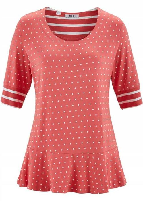 B.P.C Koralowa bluzka w groszki, t-shirt z baskinką 38/40