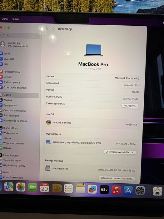 Macbook Pro 14 M1 16/512gb Stan Idealny Bateria 92%