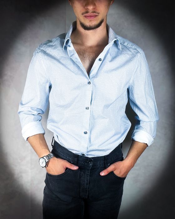 (L) Calvin Klein Nowa Męska Koszula Niebieska Biała Gładka