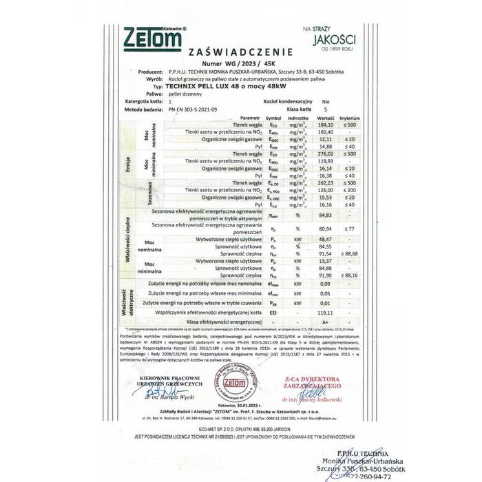 Kocioł pelletowy TECHNIX PELL LUX 48kW – 5 Klasa ECODESIGN Lista ZUM