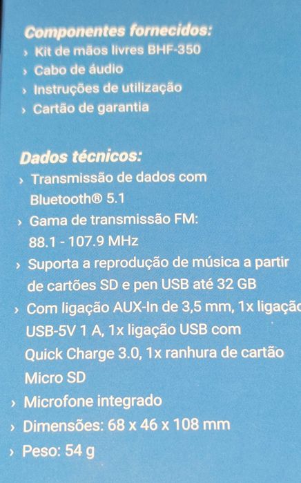 Transmissor fm com Bluetooth 5.1 (kit mãos livres)