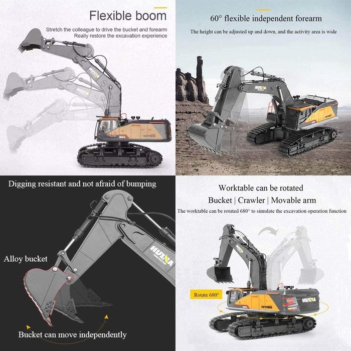 Máquina escavadora RC HUINA 1592 1:14 pá metálica + Garras + ponteiro