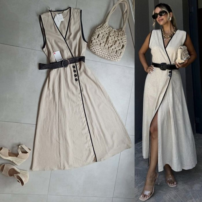 Zara sukienka cielista len L 40 wiskoza pasek