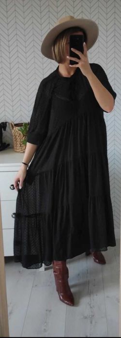 Zara czarna dluga szyfonowa sukienka w stylu boho oversize M/L
