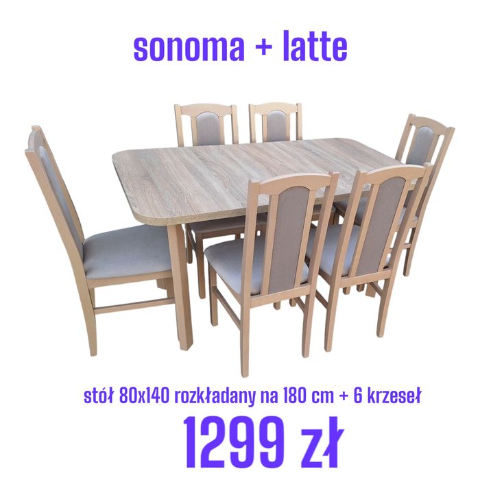 Nowe : Stół 80x140/180 + 6 krzeseł, sonoma + cappuccino, dostawa PL