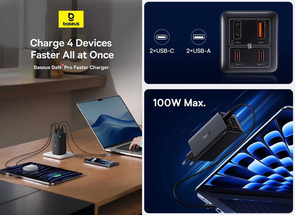 Зарядні пристрої BASEUS GaN6 Pro 2C+2U 65W / 100W
