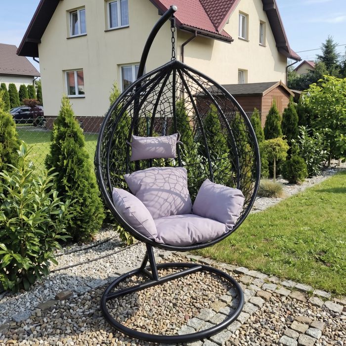 Fotel Wiszący Kokon XXL ze Stelażem Czarny Kosz Bujany Huśtawka Ogrodowa Balkon Taras Wygodny Duży Poduszki w Zestawie Stabilny Stelaż