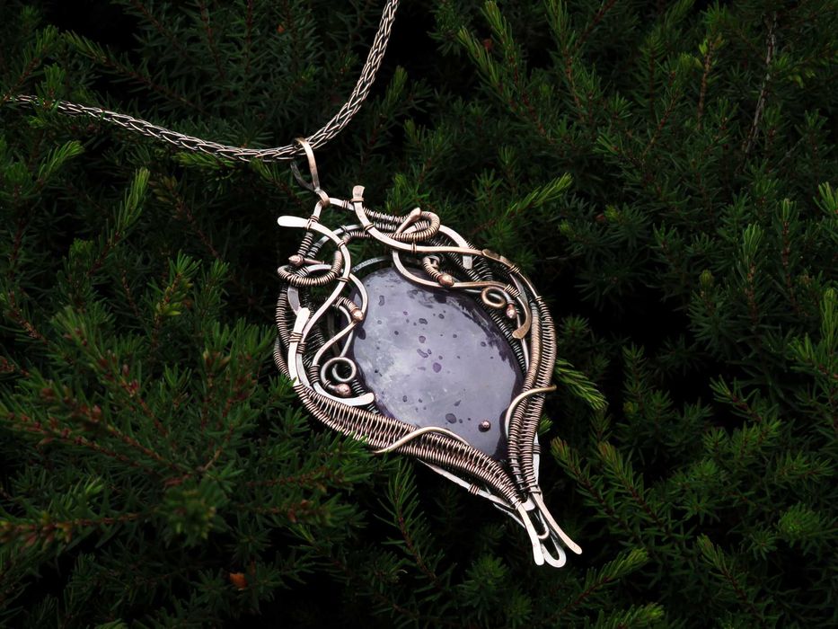 Miedziany wisior, ametyst, rękodzieło