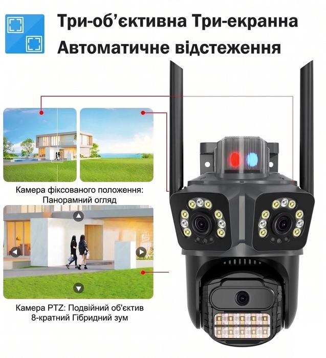 Вулична поворотна IP Wifi трилінзова камера 9МП iCsee XM55