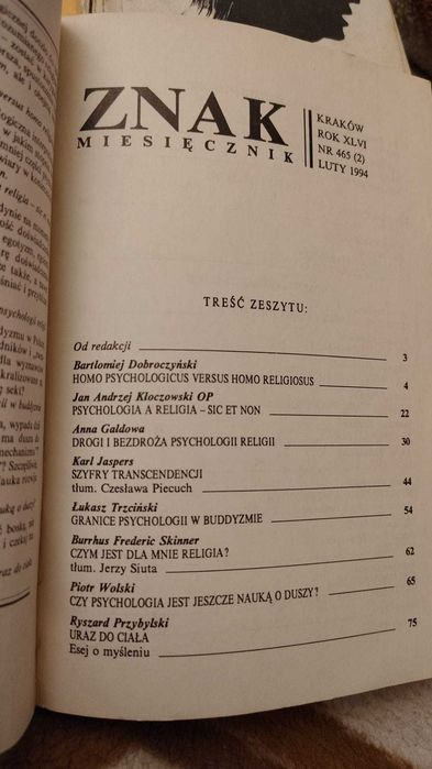 "Psychologia a religia" Miesięcznik ZNAK, nr 465 / luty 1994
