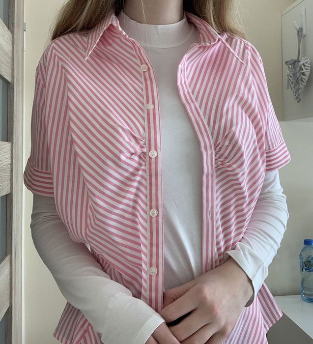 różowo - biała koszulka w paski z krótkim rękawem