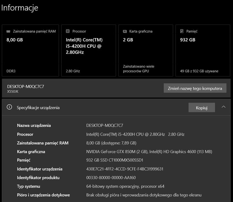 Laptop ASUS R510JK | i5 | GTX 850M | Dysk SSD 1TB | 8GB RAM | Idealny