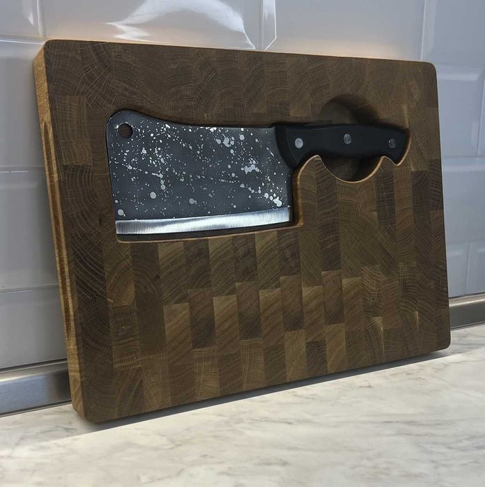 Торцева дошка дуб з тяпкою Чумацький шлях Торцевая разделочная доска