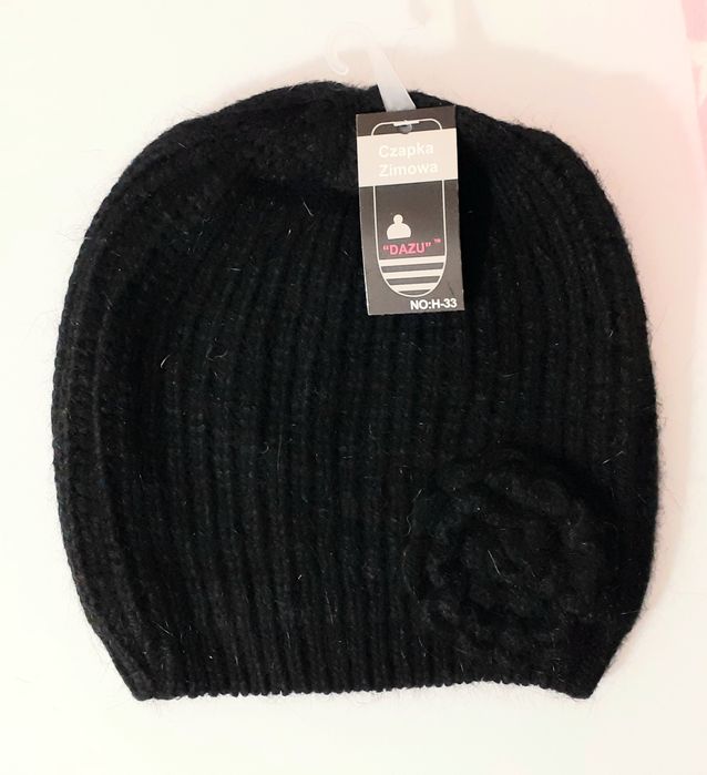 Czapka zimowa czarna z wełny akrylu akryl wełniania z kwiatem
