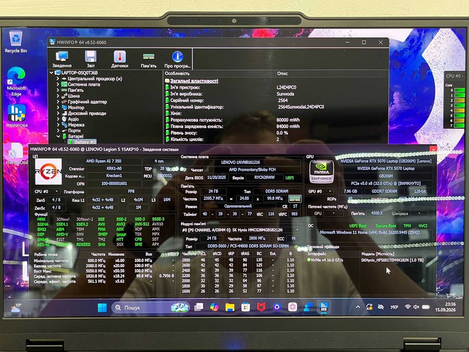 Lenovo legion 5 15.6"2.5K OLED 165Hz/Ryzen AI 7-350/RTX5070 8GB 115W/24DDR5/SSD1TB/65год напрацюваня/15AKP10/Ігровий ноутбук, гарантія-3міс/легіон/rog