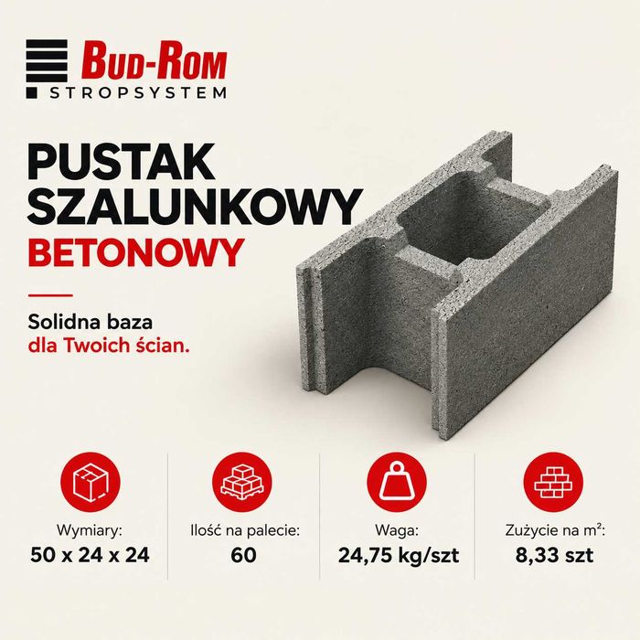 Pustak szalunkowy betonowy 24x24x50 cm – bloczek zalewowy | fundament | murek ogrodzeniowy | mur oporowy
