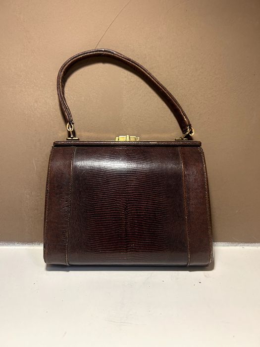Mala Vintage Pele Lagarto Castanha Anos 60 Aro de Latão Doctor Bag