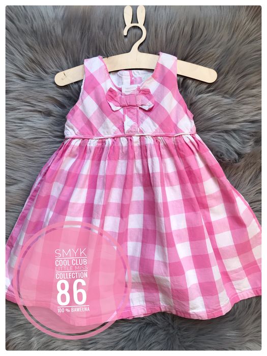 Smyk Cool Club 86 cm sukienka krata biały różowy sesja roczek urodziny