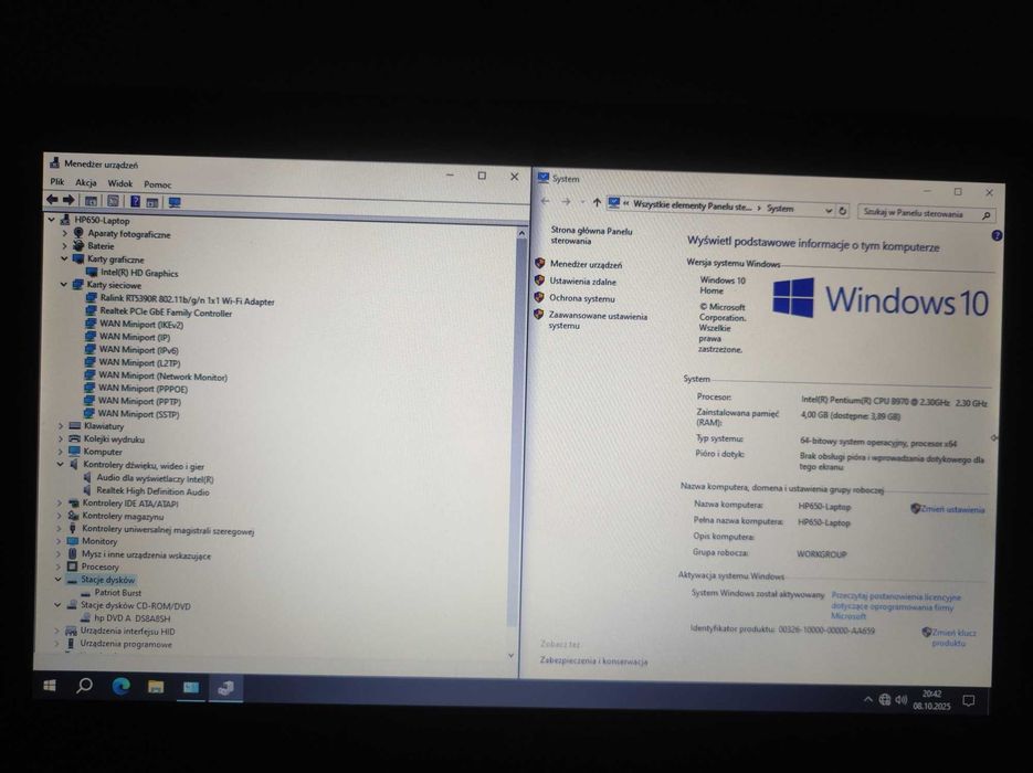 Laptop 15,6" Notebook HP 650 655 B970/4GB/128GB SSD/DVD/Win10 zasilacz