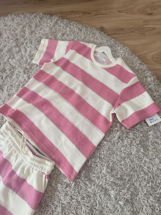 Komplet letni w paski różowo białe pudrowy róż spodenki bluzka krótki Dresowe L XL