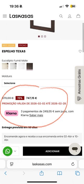 Espelho LASKASAS como novo