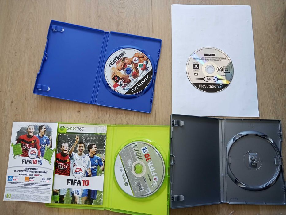 ps2(fight night round 3, fifa 07), pudełko tekken 5, xbox 360(fifa 10)