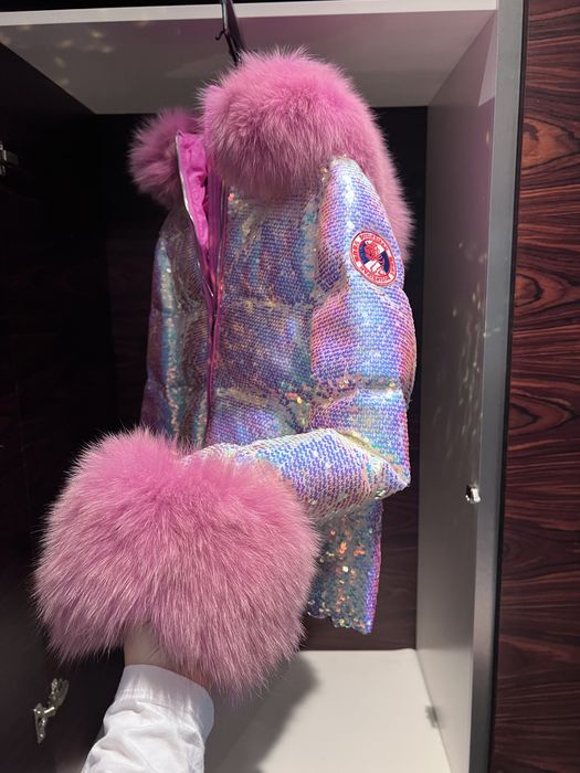 Piękna kurtka jak flo clo 100 % puch naturalny zimowa cekiny lis