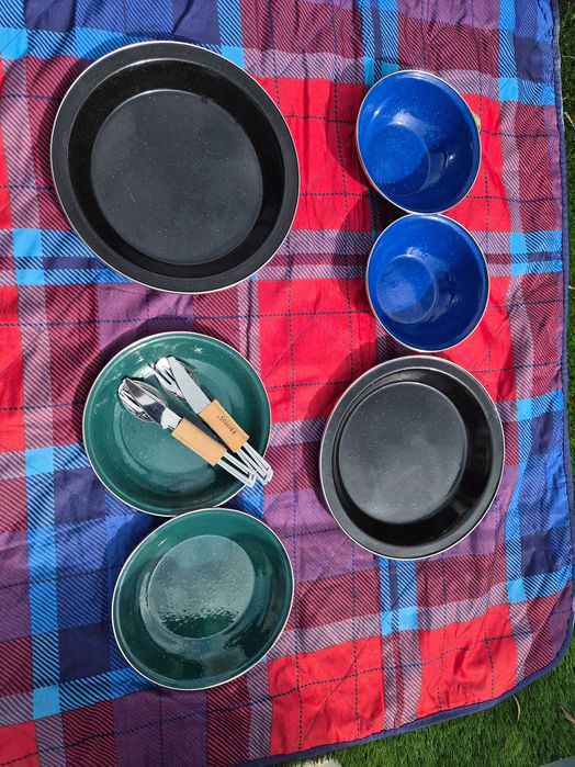Conjunto de utensílios de campismo esmaltados + utensílios Primus